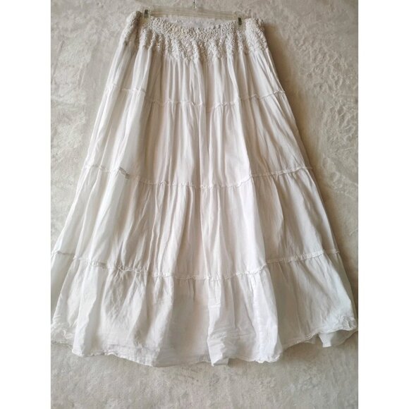 Womens Boho Hippie Tiered Crochet Detail Fully Lined Midi Skirt Size Large White - Picture 2 of 8